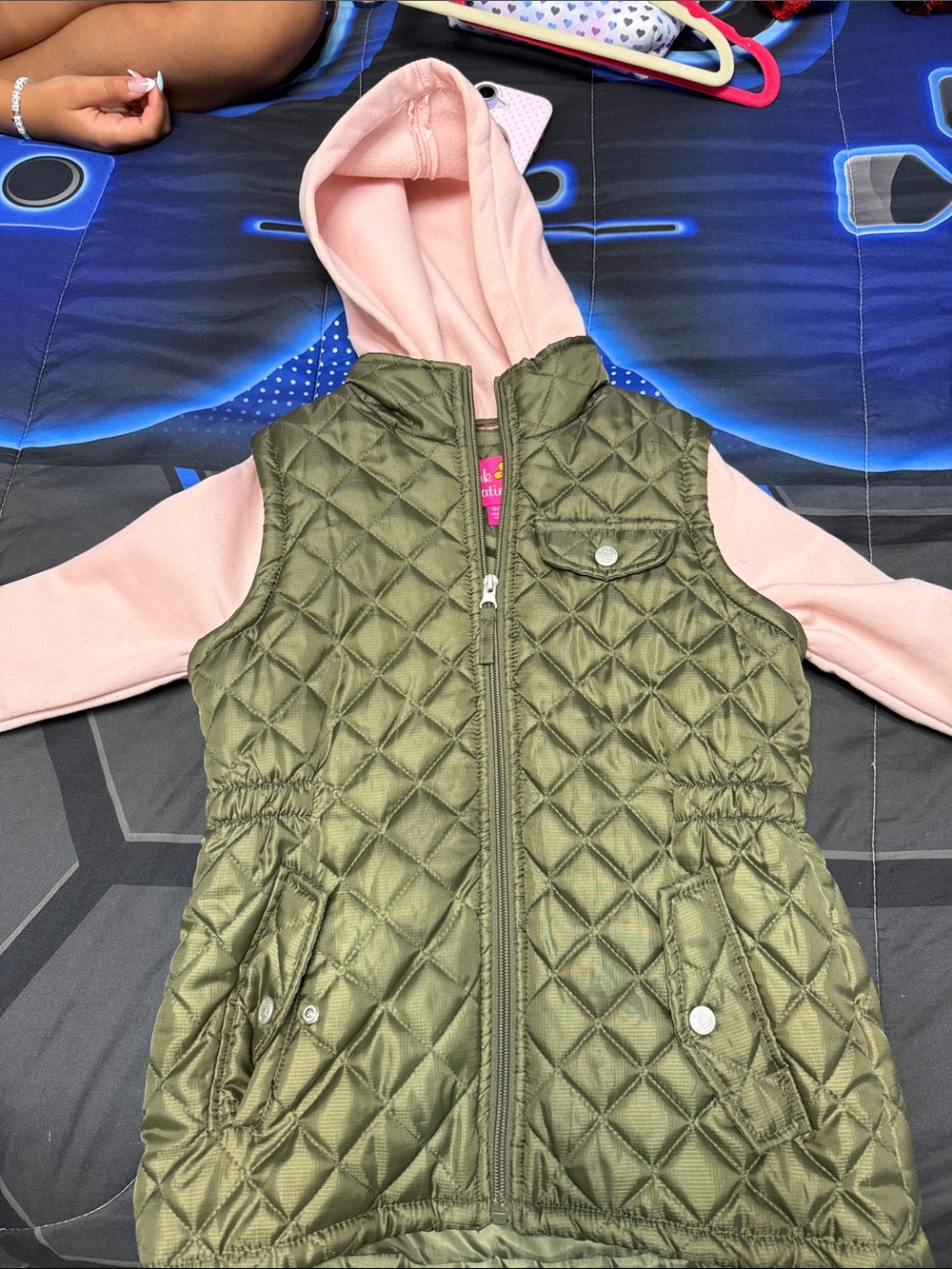Pink Platinum Olive Green Quilted Vest with Pink Hoodie Sleeves